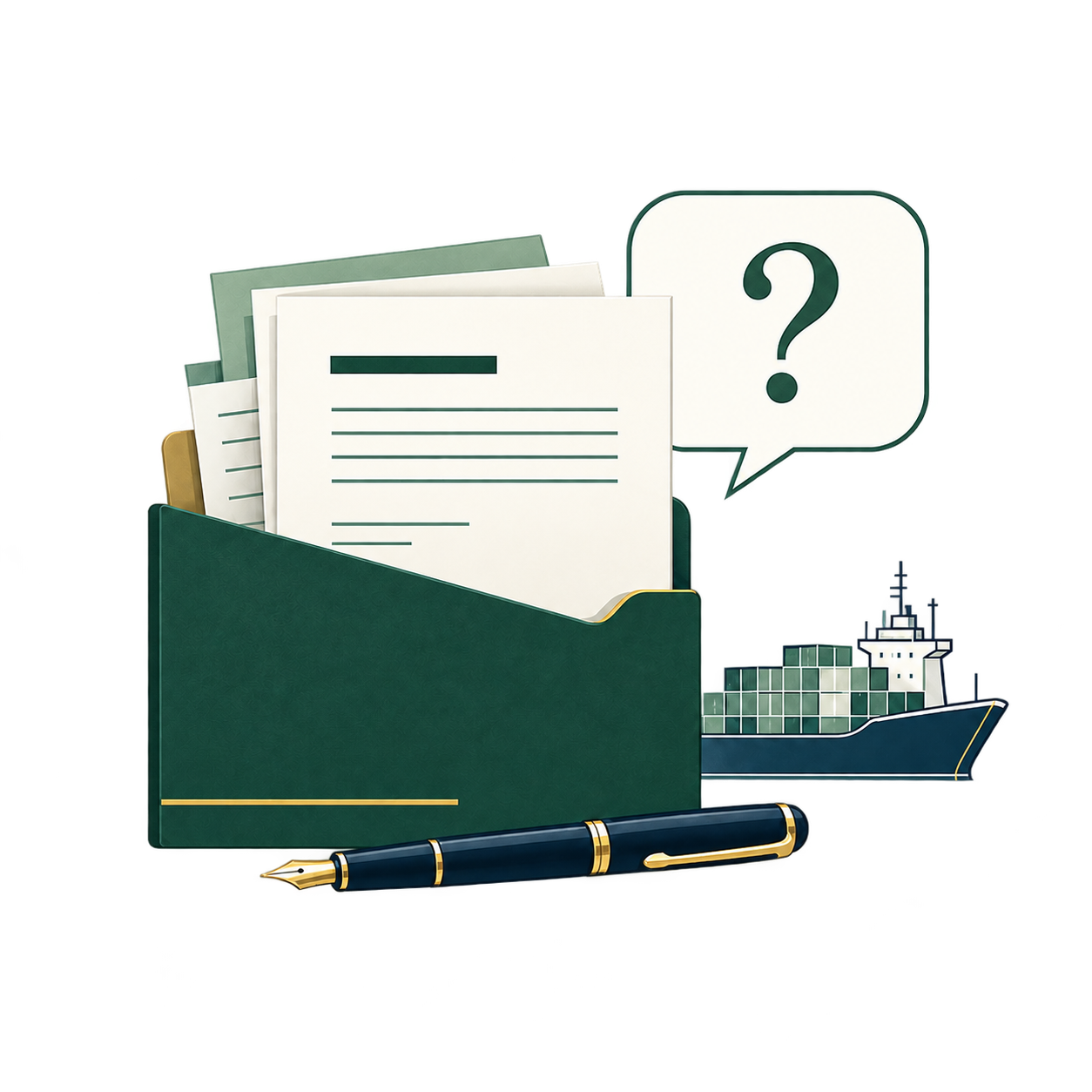 Maritime documents and a cargo ship with a question symbol for application guidance