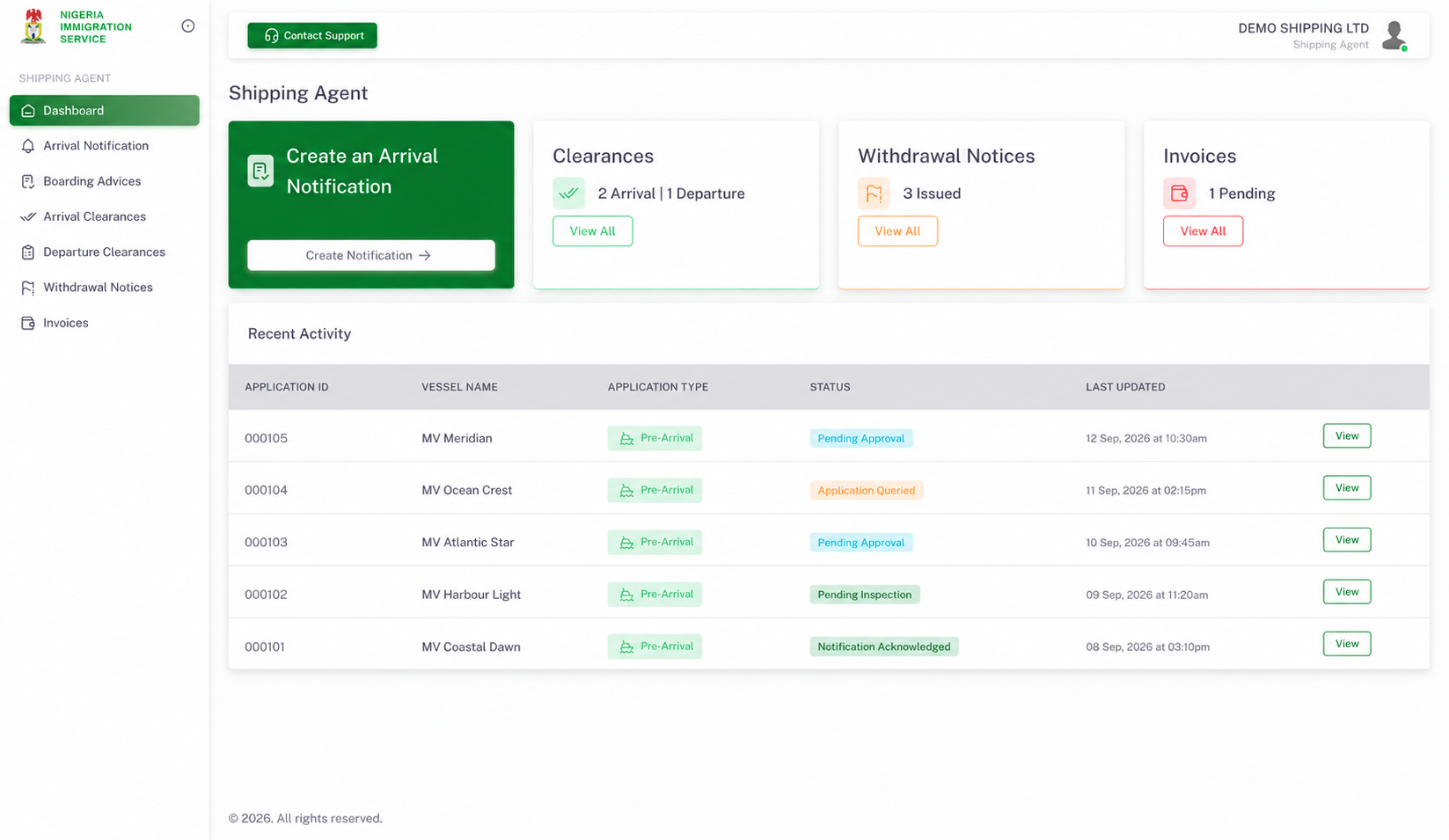 Shipping agent dashboard preview showing fictional company, vessel and application data